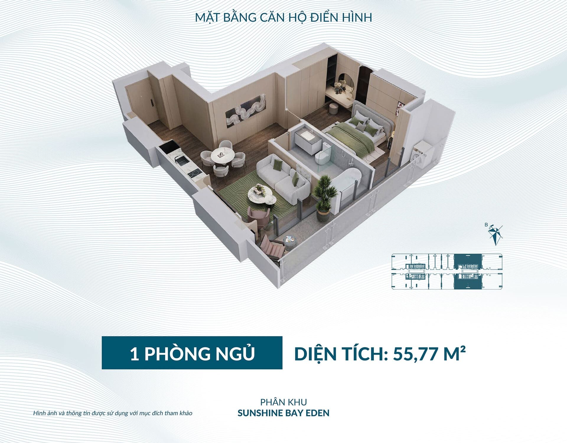 Layout Thiet Ke Can Ho 1 Phong Ngu Dien Tich 55m2 Phan Khu Sunshine Bay Eden Tai Vung Tau